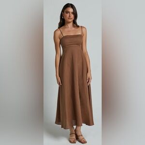 Showpo. Brette Linen Midi Dress in Tobacco